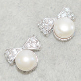 Bow with Pearl Bead Silver Studs Earrings for Women